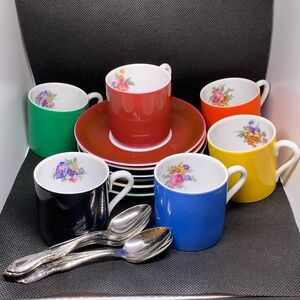 Set of 6 multicolor demitasse cup and saucer set w/ spoons